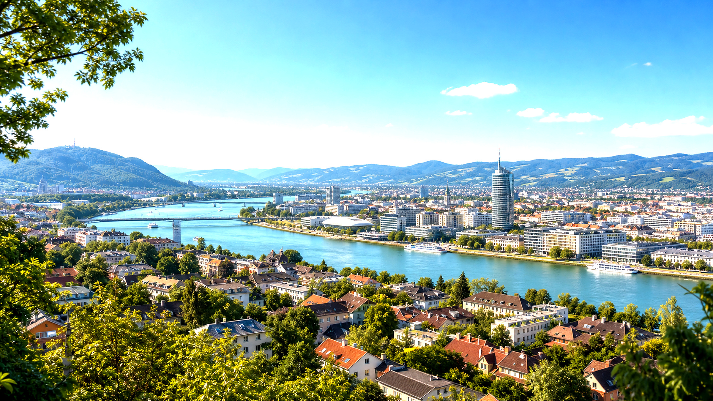 Blick über die Donau auf Linz und seine Stadtviertel